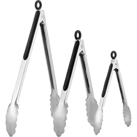 Set aus 3 Küchenzangen, Servier-/Grillzangen aus Edelstahl in den Größen 8, 10 und 13 Zoll mit rutschfesten Griffen, geeignet zum Kochen, Grillen, Servieren, für Salate und Barbecue (schwarz).