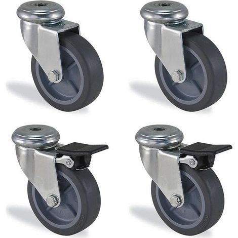 Lot de 4 roulettes à œil pivotant et frein – Caoutchouc gris 75mm – Charge 180kg – Pour matériel d'atelier – HTR