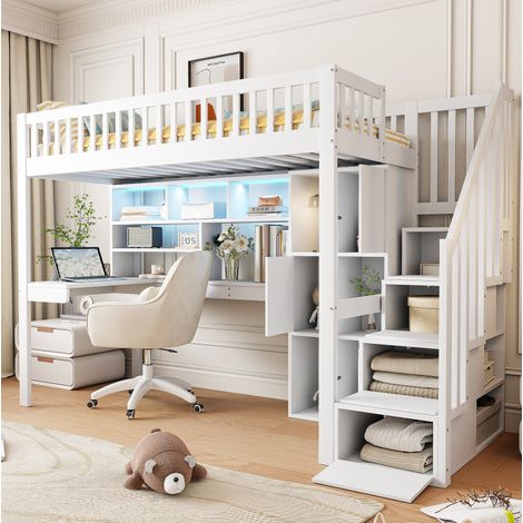 Cama alta de madera de pino y MDF blanca 90x200 cm con escritorio, estantes, escalera de almacenaje y luz LED (1/5)