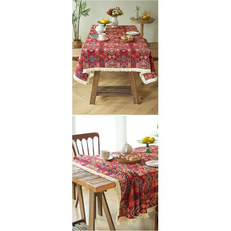 Nappe décorative de style rétro avec pompons anti-poussière, lavable convient aux cuisines, salles à manger et pique-niques (150200CM). (1/5)