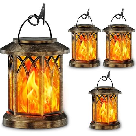 GEARLITE JZHY-GTS-4 Lot de 4 lampes solaires à suspendre pour extérieur avec effets de flamme réalistes, IP65 étanches avec clips pour l'extérieur, couleur cuivre, 4 pièces (1/5)