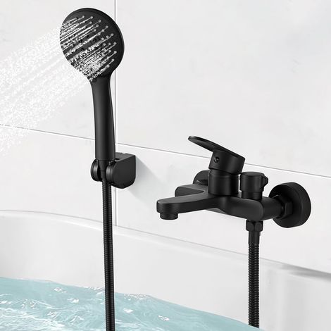 Mitigeur Baignoire Noir avec Douchette 3 Jets - Robinet Douche Mural en Laiton - Monocommande pour Bain avec Support et Flexible 1.5m (1/5)