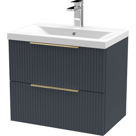 Fluted Front Wall Hung 2-Drawer Bathroom Vanity Unit with 1 Tap Hole Basin, 600mm, Satin Dark Grey, Brushed Brass Handles