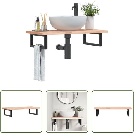 Wandmontage - Waschbeckenregal Wandmontage Stahl und Massivholz Buche (1/5)