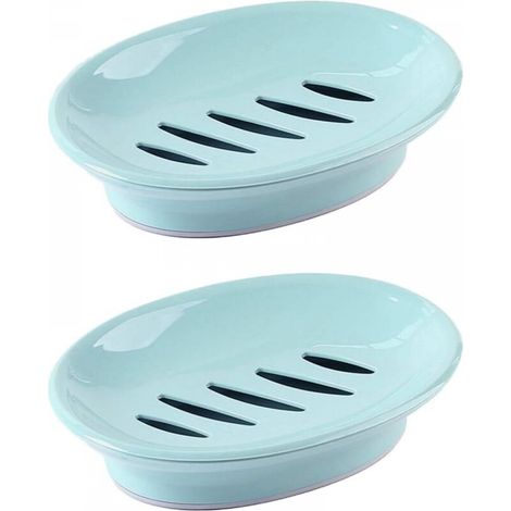 Deux porte-savons bleus, de 15,5 x 11 cm chacun, avec tuyau d'évacuation, porte-éponge en plastique et plateau de protection pour le savon. (1/5)
