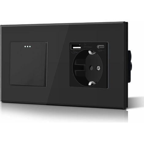Interrupteur commutateur et prise USB C basculant avec voyants LED cadre en verre installation facile 1 gang 2 voies avec prise USB/type C 157 mm Noir (1/5)