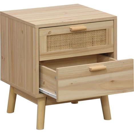 Mesita de Noche Vogue 2 Cajones en Melamina, Color Pino y Rattan, para Tu Dormitorio - 40x48x39 cm