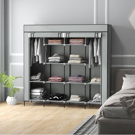 Armario ropero portátil (166x42.5x169.5 cm), con 2 barras, 10 compartimentos y 4 cajones, acero, gris oscuro (1/5)