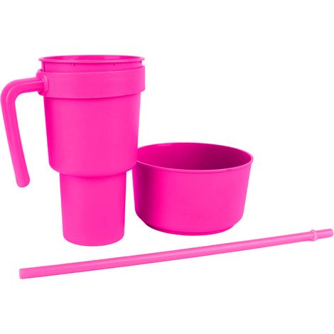 Gobelet 2 en 1 avec paille, grande ouverture, en plastique rose, idéal pour le cinéma, la maison et les voyages. (1/5)