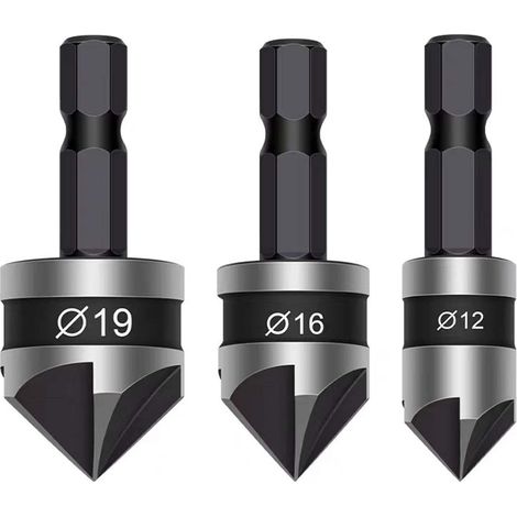 Set di 3 punte coniche con gambo esagonale da 6,35 mm, 5 scanalature, centro a 90 gradi, 12 mm, 16 mm, 19 mm per lavorazione del legno, trapano per legno, metalli teneri (nero)