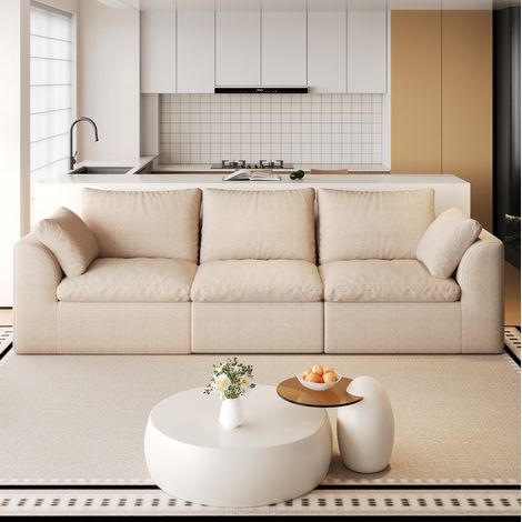Divano lineare 3 posti 245x90x85 cm in tessuto di lino kaki - MEUBLIV (1/5)