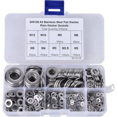 580 arandelas planas de acero inoxidable 304 – M2-M12 para juntas de estanqueidad – Resistentes a la corrosión – Kit surtido (1/5)