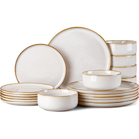 service de table 6 personnes, 18 pièces en grès, service de table à glaçure réactive avec ensemble d'assiettes et de bols, résistant aux rayures, Beige (1/5)