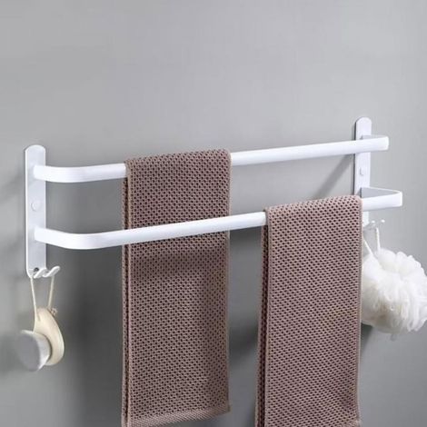Porte-Serviettes Mural avec 2 Crochets Porte Serviettes Salle de Bain Etagères Serviette en Aluminium Blanc 2 Couche 50cm (1/5)