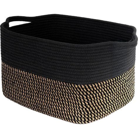 Panier de Rangement, Panier Tissé avec Poignée, Panier à Linge en Corde en Coton Panier Tressé pour étagère, Salon, Chambre d'enfant, Salle de Bain, 34 x 28 x 24 cm, Jute & Noir (1/5)