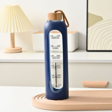 (Bleu) Bouteille d'eau de sport en verre de 32 oz (1 litre) avec marquages horaires et bouchon en bambou. (1/4)
