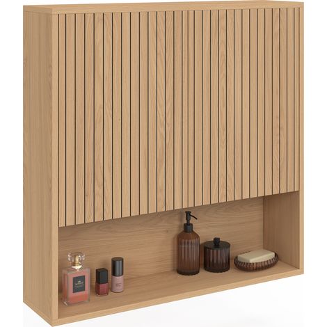Meuble de rangement suspendu pour salle de bain VICTOR 2 portes et étagère effet lattes