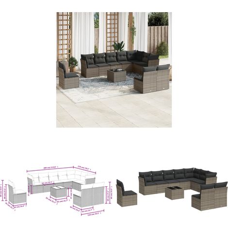 11-tlg. Garten-Sofagarnitur mit Kissen Grau Poly Rattan - Gartenmöbel Set - PE-Rattan Möbel - Outdoor Sofa - Esstisch - Lounge Garnitur - Home & Living (1/3)