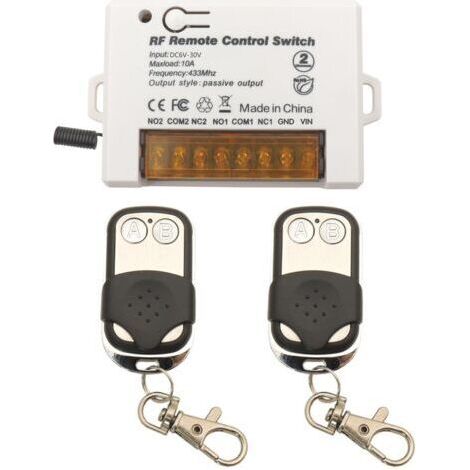 Commutateur de télécommande de relais sans fil 2 canaux 433Mhz RF DC 6V 12V 24V 30V 10A Récepteur de relais avec 2 Porte-clés émetteurs, Gros fil terminal câblage facile