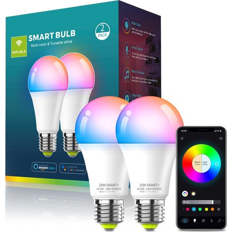 Ampoule Connectée WiFi, Ampoule LED E27 Multicolore 3000K-6500K, Dimmable 9W 806Lm, Compatible avec et, Commande Vocale, Economie d'énergie (2 Pack) (1/5)