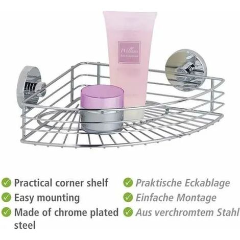 Étagère d'angle de douche Bari WENKO, support mural adhésif sans perçage, technologie Vaccum-Loc®, repositionnable, charge max 33 kg, acier inoxydable chromé, 35 x 9 x 22,5 cm (1/3)