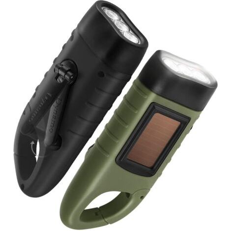 Lot de 2 lampes de poche à manivelle, lampe de poche d'urgence LED rechargeable à énergie solaire, torche dynamo de survie pour sports de plein air vert noir (1/5)