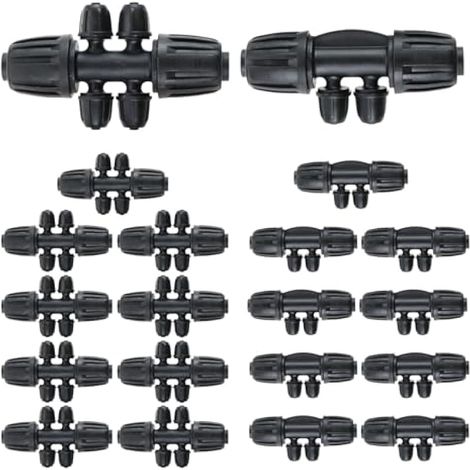 Lot de 20 robinets d'irrigation goutte à goutte 1/2" à 1/4" pour 16 mm (10 pièces Barbed Tee 4 voies + 10 pièces Barbed Tee 6 voies) (1/4)