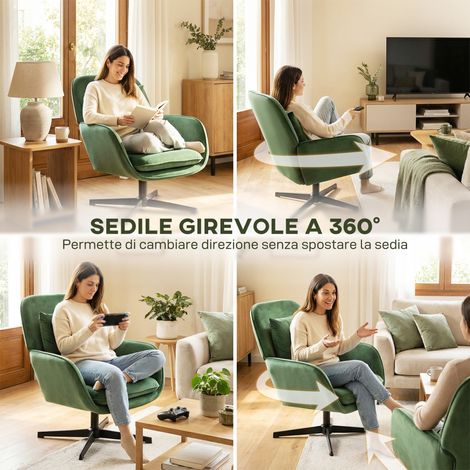 Fauteuil pivotant salon en velours vert avec coussin lombaire (1/5)