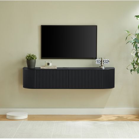 Meuble TV suspendu 140x32x30 cm avec passe-câbles, grand espace de rangement, panneaux de particules et MDF noir (1/5)
