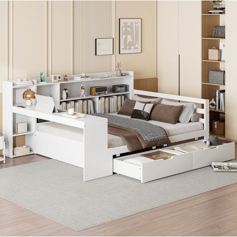 MEUBLIV Letto 140x200 cm bianco – scrivania, vani portaoggetti e presa integrata, senza materasso (1/5)