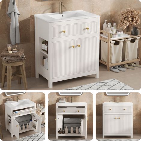Meuble sous vasque 81x46,5 cm avec lavabo céramique, 1 tiroir et 1 porte soft-close, design rainuré, meuble salle de bain moderne - Blanc