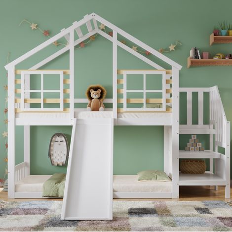 Cama litera infantil con tobogán y escalera OKMYHOME (1/5)