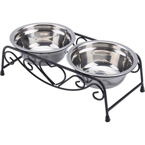Ensemble de gamelles surélevées - avec support - 2 gamelles - acier inoxydable - noir et argent - 26 x 14 x 8,5 cm - abreuvoir - pour chats et chiens (1/5)