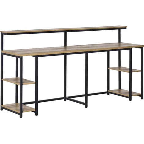 Pour 2 personnes, gain de place et rangement, bureau double avec bibliothèque et tablette écran, noir marron (1/5)
