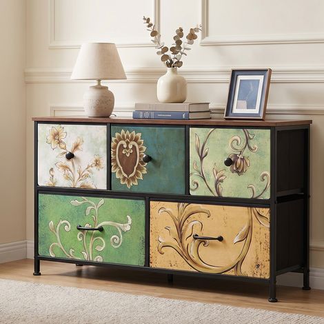 Cassettiera contenitore 100x30x55cm con 5 cassetti in tessuto, mobile contenitore con struttura in metallo e piano in legno, stile vintage, multicolore (1/5)