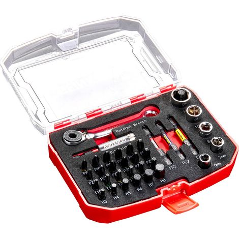 Kit d'outils 34 Pièces avec Boîte de Rangement, Comprenant des Embouts Magnétiques en acier S2 25/50 mm (Torx/PZ/PH/Hex), Mini-clé à Cliquet, Porte-Embouts, Douille et Adaptateur 1/4” (1/5)