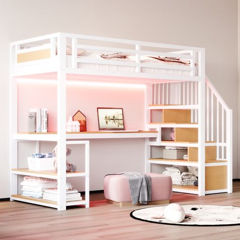Lit Mezzanine 90x200cm - Structure Métal - Bureau et Étagères Intégrés - Escalier avec Rangements - Barrières Métal et Bois - Capacité 120kg - Blanc