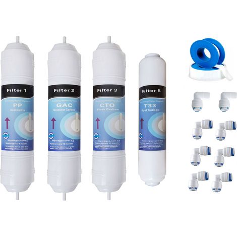 Jeux de 4 filtres osmose inverse – Préfiltre PP 5 microns – Préfiltre CTO charbon block – Posfiltre T33 pour purification optimale (1/5)
