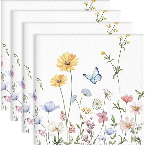 Serviettes de Table Lot de 4, Serviettes en Tissu 100% Coton Fleurs Sauvages Doux et Confortable Réutilisables Serviettes pour Le Dîner en Famille Mariage Cocktail Cuisine(45cm×45cm) (1/5)