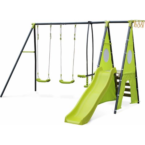 Swingset with 2 swings, slide, basketball hoop, climbing wall and tipi tent Green 313x155x197 cm - Libeccio