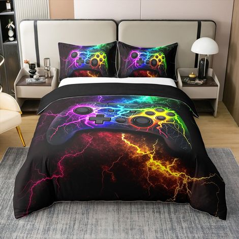 Coton Housse de Couette 220x240 pour Enfants Adultes,Literie Set,Consoles de Jeux Neon Parure de Lit,Arc en Ciel Lightning Couvre Lit,2 Taies d'oreiller (1/5)