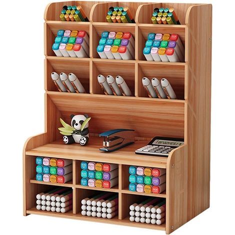 Wooden Multi-Function Pen Storage Box Home Desktop Organizer Large Capacity Multi-Function Pen Holder Storage Box for Home Office School (Cherry)