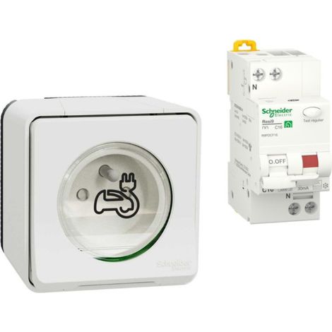 Schneider Electric – Pack prise de courant 2P + T renforcée pour VE Mureva Styl saillie – Disjoncteur différentiel 16A – Installation IP55 pour intérieur et extérieur