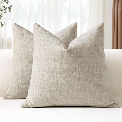 Lot de 2 housses chenille beige 40x40 cm, décoratives lombaires salon (1/4)