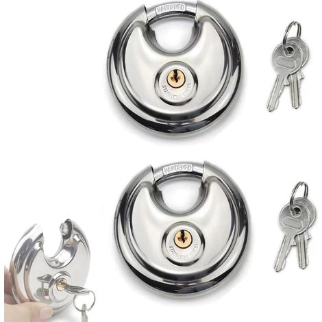 Lot de 2 cadenas ronds de 70 mm avec manille en acier inoxydable, serrure à disque en acier inoxydable, résistant aux intempéries, ronds, avec 2 clés, serrure à clé ronde (1/5)