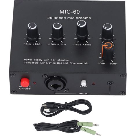 Préampli de Microphone 3.5mm 6.5mm, Interface XLR, Gain 60db, alimentation fantôme 48V, amplificateur de micro à condensateur dynamique DC5-12V