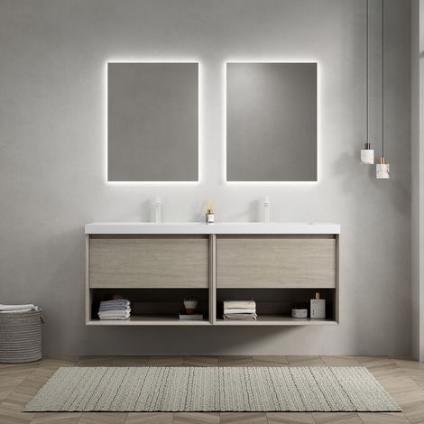 Meuble sous vasque avec 2 Tiroirs et 2 Étagères Ouvertes, Double Vasque, Suspendu pour Salle de Bain, 140 × 46 × 60 cm (1/5)