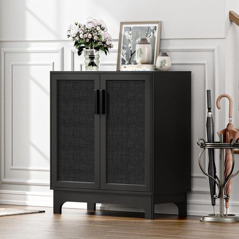 Küchenschrank mit Rattan-Türen, Landhausstil, Sideboard schwarz 80x40x89cm (1/5)