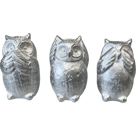 Statues en céramique trio de hiboux Blanc patiné argent (1/4)