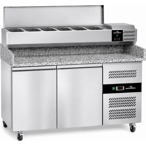 Meuble à pizza réfrigéré Tropicalisée 2 portes avec vitrine ingrédients (6x GN1/3) avec couvercle en inox PREMIUM - GOLDINOX